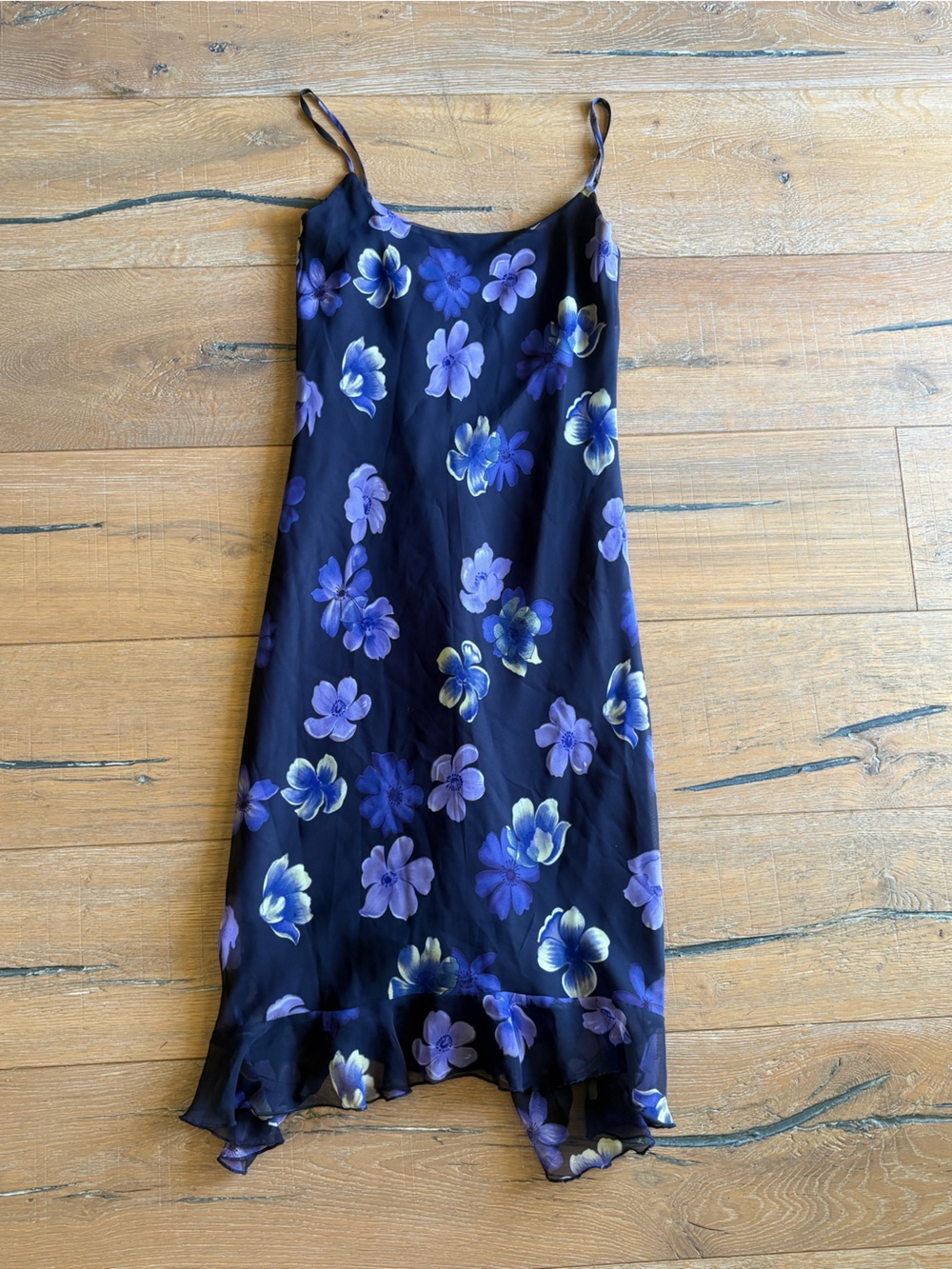 City Triangles Navy Slip Dress with Purple Floral Accents Y2K Flowy Chic